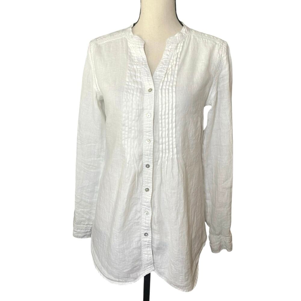Malvin 100% Linen Size 6 White Pintuck Pleat Tunic Roll Tab Sleeves Coastal